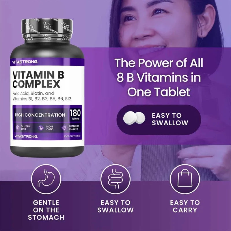 Vitamin B Complex High Dosage, 180 Tablets Vitamins Group B Biotin, Thiamine B1, Riboflavin B2, Vitamin B3 Niacin, B5 Pantothenic Acid, B6, Vitamin B12 and Folic Acid