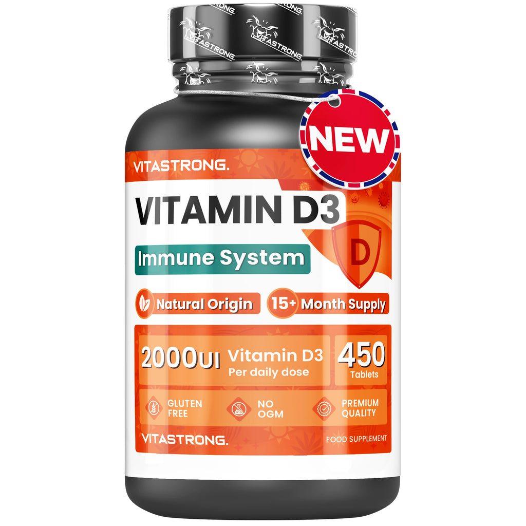 Vitamin D3 2000 IU 50mcg High Dosage, 1 per Day, 450 Tablets D3 Vitamin Cholecalciferol (15 + Months), Immune System, Bones, Toughes, Muscles, Supplement Vit D Premium Quality Vitastrong