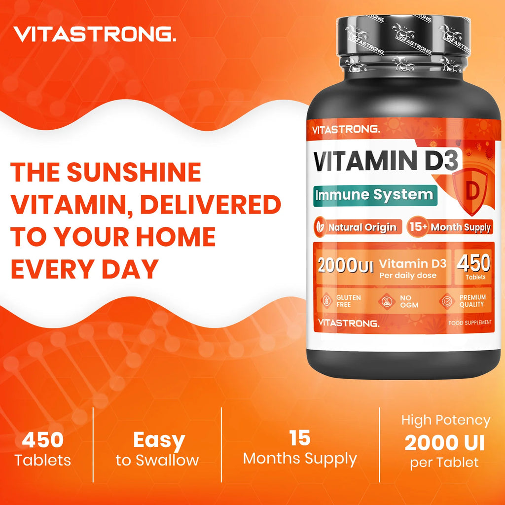 Vitamin D3 2000 IU 50mcg High Dosage, 1 per Day, 450 Tablets D3 Vitamin Cholecalciferol (15 + Months), Immune System, Bones, Toughes, Muscles, Supplement Vit D Premium Quality Vitastrong