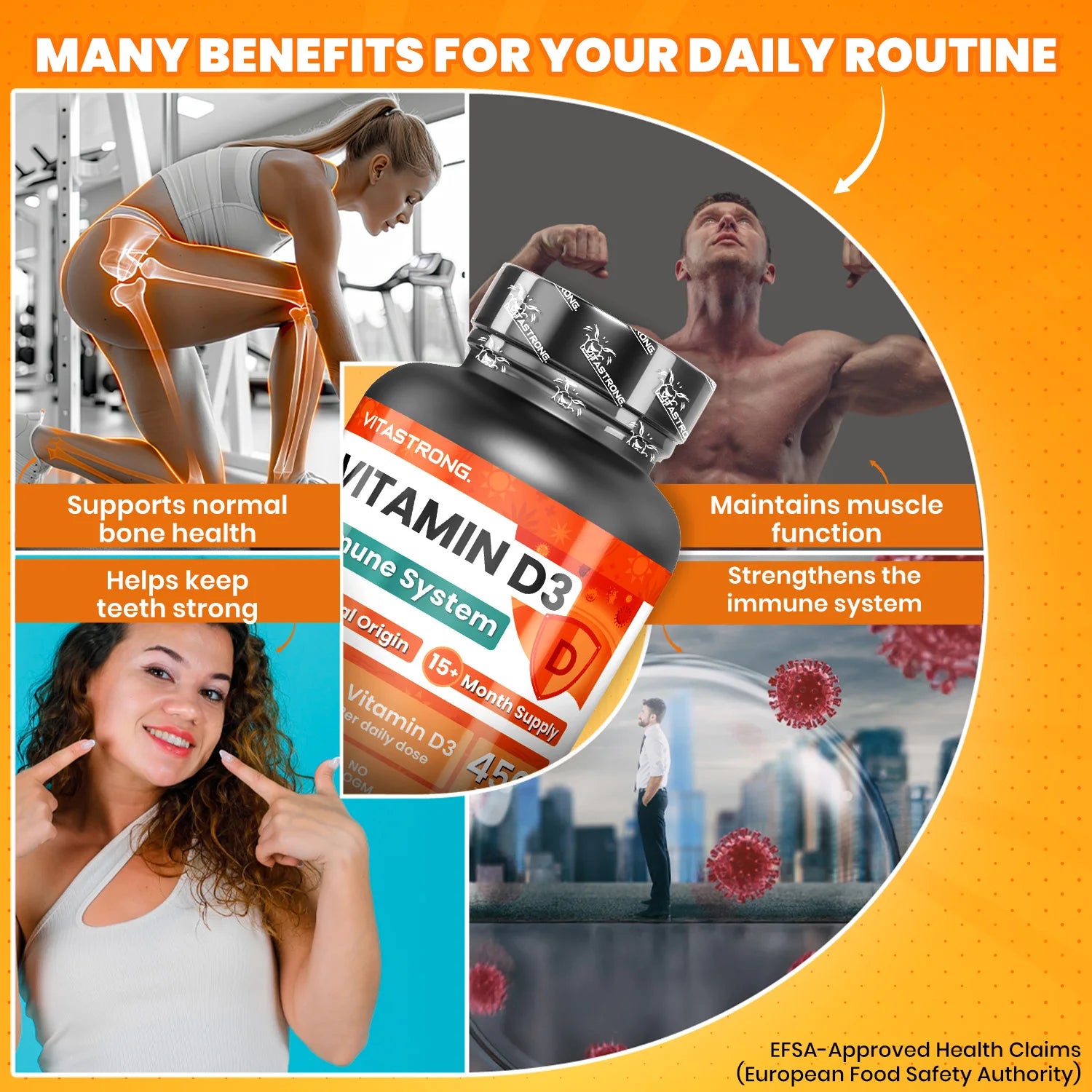 Vitamin D3 2000 IU 50mcg High Dosage, 1 per Day, 450 Tablets D3 Vitamin Cholecalciferol (15 + Months), Immune System, Bones, Toughes, Muscles, Supplement Vit D Premium Quality Vitastrong