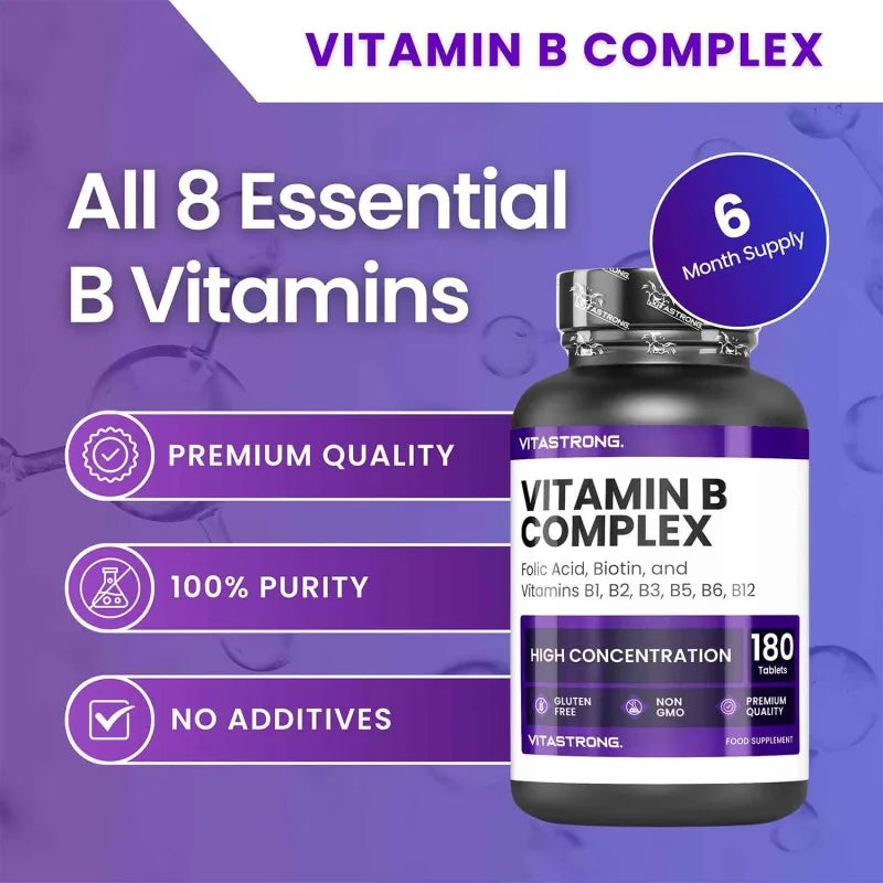 Vitamin B Complex High Dosage, 180 Tablets Vitamins Group B Biotin, Thiamine B1, Riboflavin B2, Vitamin B3 Niacin, B5 Pantothenic Acid, B6, Vitamin B12 and Folic Acid